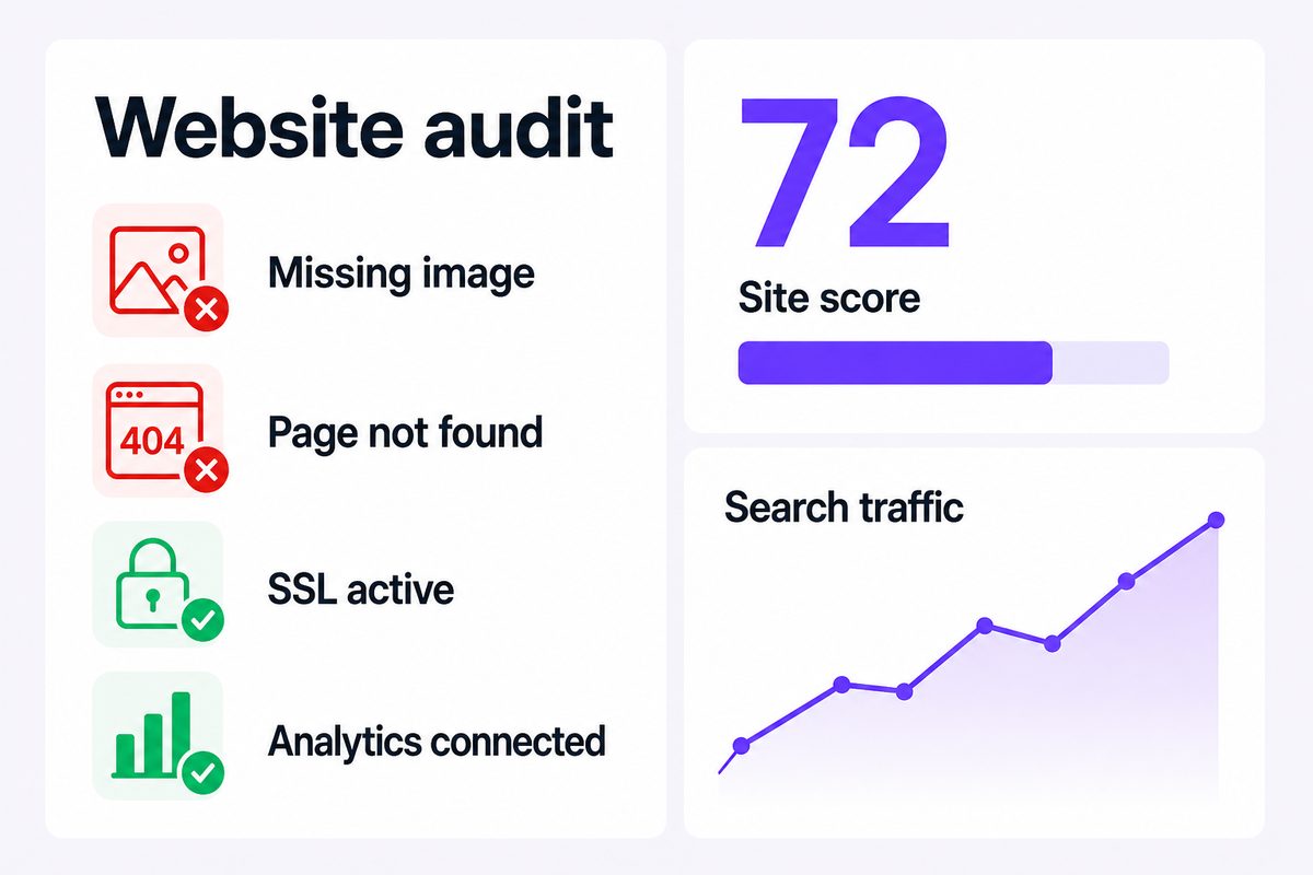 Website audit checklist with issues found and Google traffic