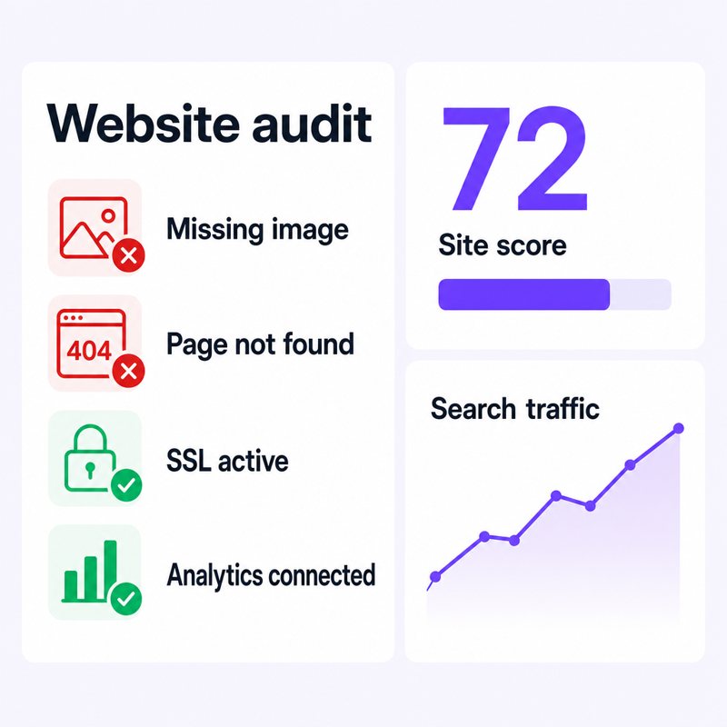 Website audit checklist with issues found and Google traffic