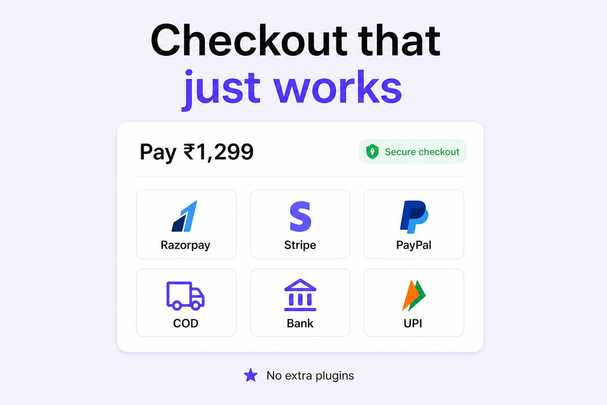 Online checkout with Razorpay, Stripe, PayPal, and cash on delivery