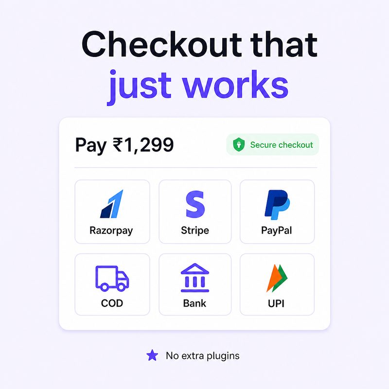 Online checkout with Razorpay, Stripe, PayPal, and cash on delivery