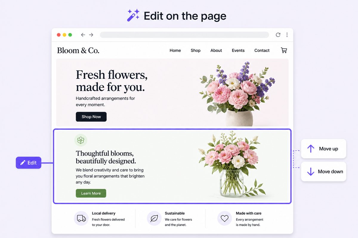 Visual editor with move up and move down controls on a live site preview