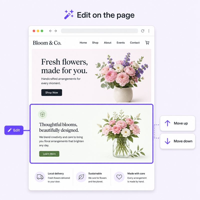 Visual editor with move up and move down controls on a live site preview